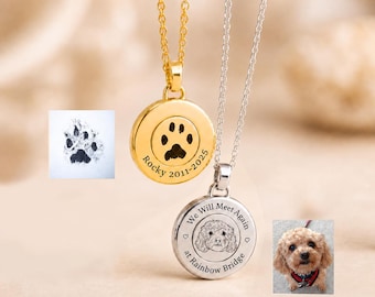 14K Gold Plated Dog Paw Print Necklace – Custom Photo, Name & Nose Print Memorial Jewelry