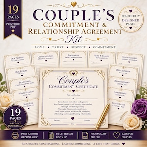 May include: A 19-page printable PDF couple's commitment and relationship agreement kit featuring a commitment certificate, various prompt pages, and a gold pen. The documents are US letter size, 8.5 inches by 11 inches, with purple text.