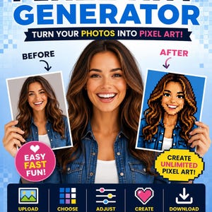 以下が含まれることがあります： PIXEL ART GENERATORおよびTURN YOUR PHOTOS INTO PIXEL ARTというテキストが記載されたピクセルアート生成ツールのデジタル画像。人物のビフォーアフター比較画像と、アップロード、スタイル選択、保存のためのアイコンが表示されています。