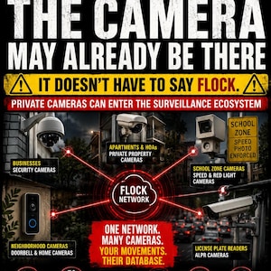 Puede incluir: Un cartel informativo titulado RED ALERT THE CAMERA MAY ALREADY BE THERE. Incluye luces rojas parpadeantes, texto sobre cámaras de vigilancia privadas y un diagrama que muestra la conexión a la base de datos Flock Network.