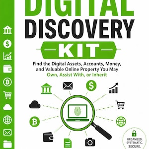 May include: A white and green informational document titled THE DIGITAL DISCOVERY KIT. It features a central magnifying glass over a laptop with a fingerprint icon, surrounded by various digital icons, and text detailing asset organization.