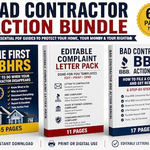 Op de afbeelding: Een Bad Contractor Action Bundle met drie PDF-gidsen van in totaal 63 pagina's. De set bevat de gids The First 48Hrs, een pakket met bewerkbare klachtenbrieven en een Bad Contractor BBB Action Manual voor bescherming van uw woning.