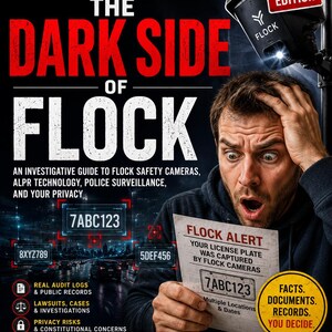 Puede incluir: Una portada de libro titulada The Dark Side of Flock, edición 2026, que muestra una cámara de vigilancia, una persona sorprendida sosteniendo un papel con una alerta Flock y texto sobre vigilancia de matrículas, registros públicos y privacidad.
