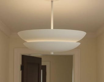 1950s Mid-Century Modern Brass Semi-Flush Mount Ceiling Light, Handmade Double Bowl Dome Chandelier, Vintage Sputnik  -Style Fixture