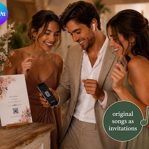 Puede incluir: Tres personas sonriendo y mirando un smartphone y una invitación de boda. La invitación tiene un diseño floral y un código QR. El texto de la invitación dice "Miss & Mr" y "original songs as invitations".