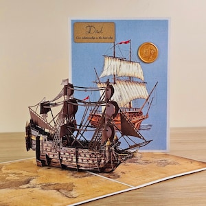 Personalized Vintage Sailing Ship on World Map 3D Pop Up Card, Handmade Laser Cut Wooden Vessel Paper Craft for Birthday, Retirement