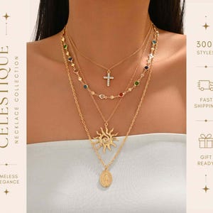 Set Collar Dorado Sol y Cruz para Mujer Collar en Capas con Strass Joyería Elegante