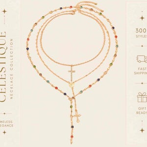 Set Collar Cruz Jesús Vintage Cristales de Colores Cadena Larga Joyería Cristiana Mujer