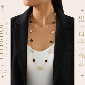 May include: A long gold chain necklace featuring alternating black and white flower-shaped charms. The necklace is displayed against a black blazer and white top. The text CELESTIQUE NECKLACE COLLECTION is visible on the left, with 300+ STYLES, FAST SHIPPING, and GIFT READY on the right.