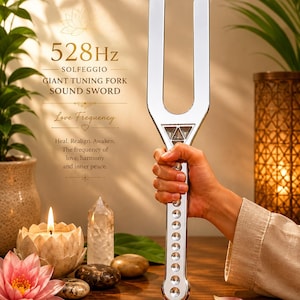 May include: A silver-toned metal tuning fork with a long handle featuring circular indentations and a triangular cutout. The text 528Hz SOLFEGGIO GIANT TUNING FORK SOUND SWORD Love Frequency Heal. Realign. Awaken. The frequency of love, harmony and inner peace is visible.
