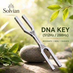 May include: A silver-toned metal tuning fork with two prongs at each end, engraved with the text DNA KEY 512HZ 288HZ. The device features geometric triangular patterns and small circular markings along its central stem, resting on a smooth stone.