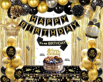 Schwarz und Gold Geburtstag Dekoration Set, Luftballons, Happy Birthday Banner, Fransen Vorhang, Tischdecke Party Decor Kit