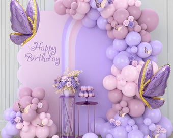 Lila Ballonbogen Kit 133 STÜCK, Pastell Lila Rosa Ballongirlande mit Schmetterlingsballons, Geburtstagspartydekoration für Mädchen