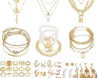 60-teiliges Gold-Schmuckset für Damen - Layered-Halsketten, Ringe, Armbänder, Ohrringe, Ohrmanschetten | Trendy Modeschmuck Geschenk Set