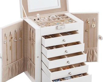 Luxus 6-Tier Schmuckschatulle mit Schloss Spiegel Großer Schmuck Organizer für Halsketten, Ringe, Ohrringe Uhren Samtgefütterter Aufbewahrungskoffer für Frauen