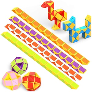 May include: A collection of plastic twist puzzle toys including four long, segmented snake-like pieces in yellow-orange, purple-orange, orange-white, and lime-yellow, plus three ball-shaped puzzles in purple-green, pink-yellow, and red-yellow.