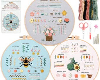 Beginner Embroidery Kit with Video Tutorials | 28 Stitch Sampler Set DIY Hand Embroidery Starter Kit with Threads, Needles Hoop Craft Gift