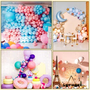 May include: A collection of four party decoration scenes featuring balloon arches and displays. One scene includes a neon 'Oh Baby' sign, another a crescent moon, a third features oversized dessert props, and the fourth displays a Paris theme.