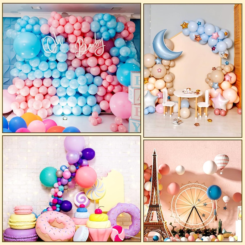 May include: A collection of four party decoration scenes featuring balloon arches and displays. One scene includes a neon 'Oh Baby' sign, another a crescent moon, a third features oversized dessert props, and the fourth displays a Paris theme.