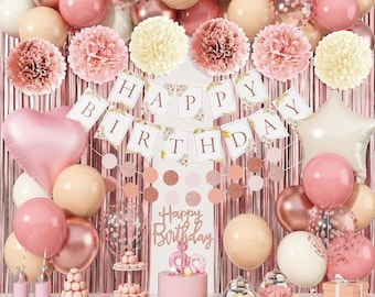 Rosa Geburtstagsdekoration für Frauen, Rose Gold Blush Luftballons, alles Gute zum Geburtstag Banner, Boho Partyzubehör Kit