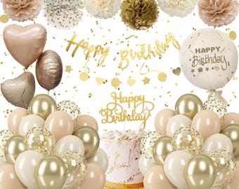 Beige Geburtstagsdekorationsset für Frauen & Mädchen, Luftballons, alles Gute zum Geburtstagbanner, Herzfolienballon-Party-Kit