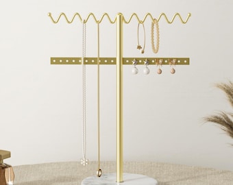 Gold Jewelry Stand with Marble Base | Wavy Necklace Holder & Earring Organizer | Modern Jewelry Display Rack for Vanity Gift for Her