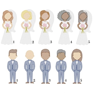 May include: Five different embroidered images of brides in white wedding dresses with veils and bouquets of flowers. Below are five embroidered images of grooms in blue suits with white shirts and bow ties.