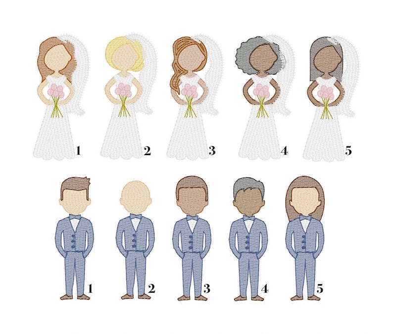 May include: Five different embroidered images of brides in white wedding dresses with veils and bouquets of flowers. Below are five embroidered images of grooms in blue suits with white shirts and bow ties.