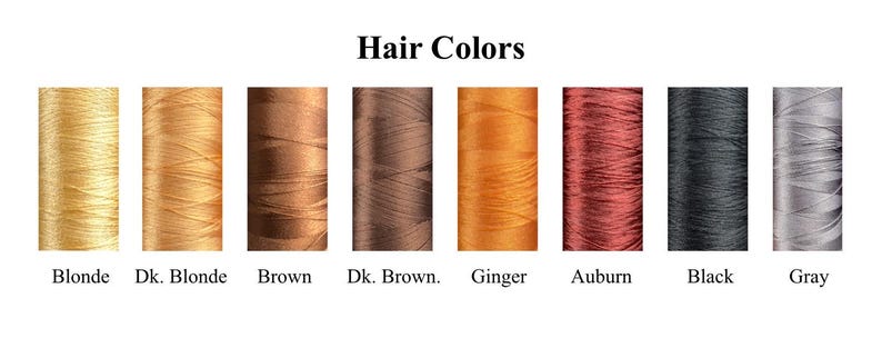 May include: A chart showing different hair colors with the names "Blonde", "Dk. Blonde", "Brown", "Dk. Brown.", "Ginger", "Auburn", "Black", and "Gray" written below each color.