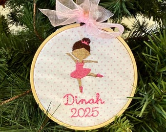 Custom Ballerina Ornament: Personalized Skin Tone and Hair Colors, Embroidered Gift