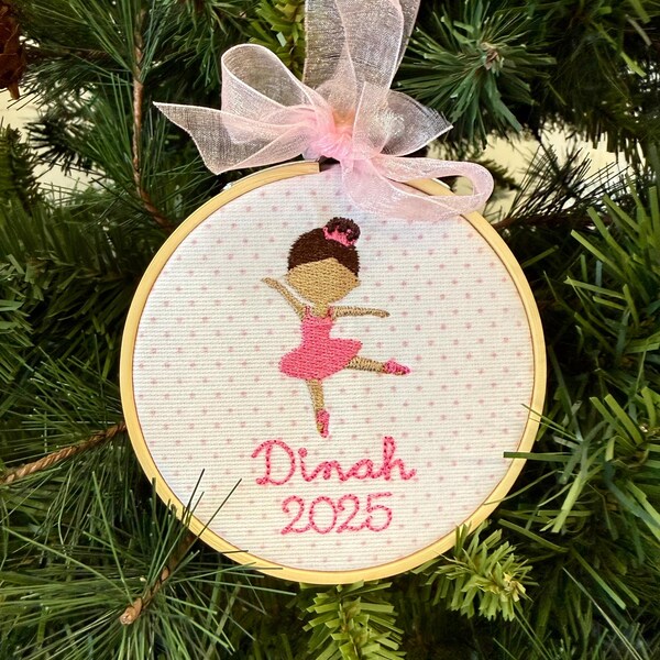 Custom Ballerina Ornament: Personalized Skin Tone and Hair Colors, Embroidered Gift