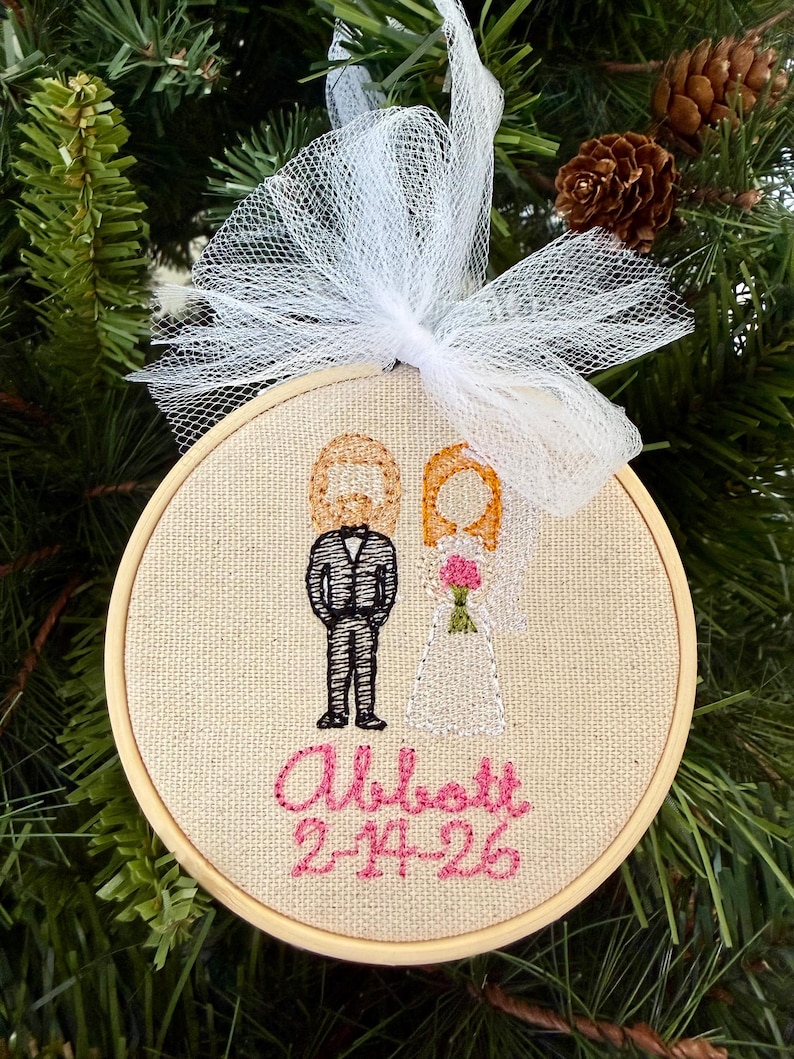 Custom Embroidered Wedding Ornament: Personalized Bride & Groom Gift image 3