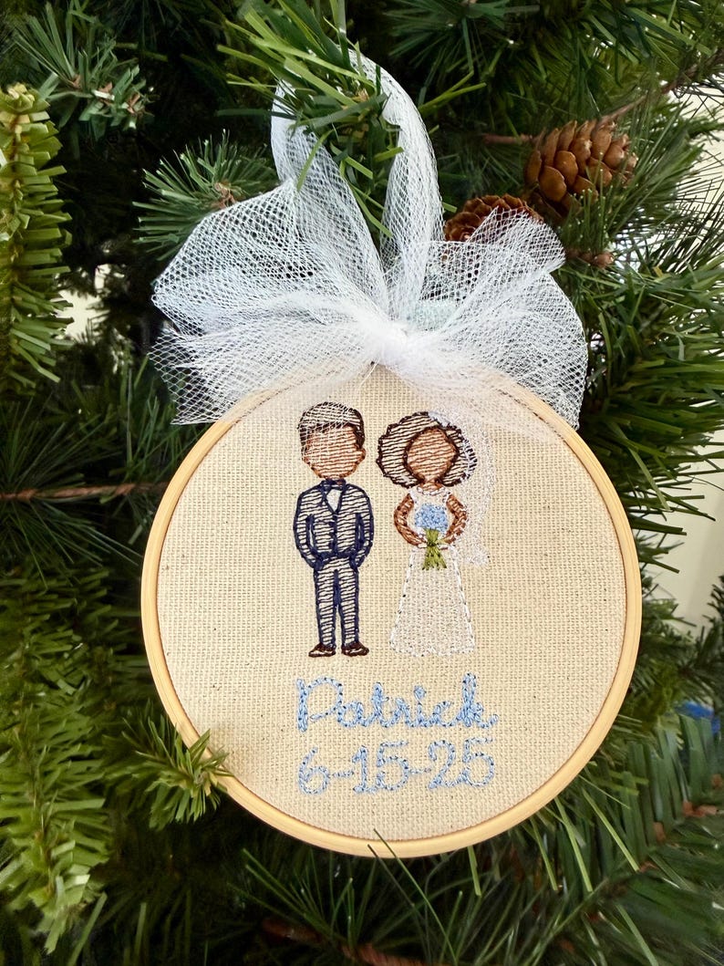 Custom Embroidered Wedding Ornament: Personalized Bride & Groom Gift image 2