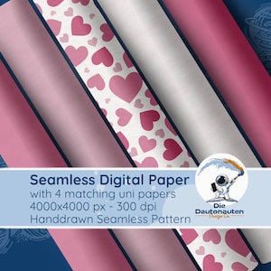 Peut inclure: Cinq rouleaux de papier numérique présentant un motif sans couture de cœurs roses et rose foncé sur fond blanc, ainsi que quatre rouleaux unis dans des tons de rose et de blanc. Le texte indique Seamless Digital Paper, 4000x4000 px - 300 dpi.