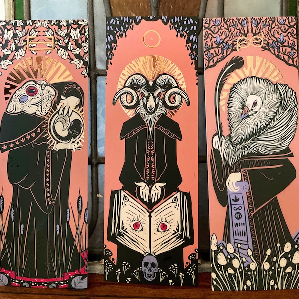 The Learned Ones print set - Deluxe Rose gold art print 30x10.5cm (11.7x4.1 inches) occult, rams head, Gothic decor, memento mori, gift goth