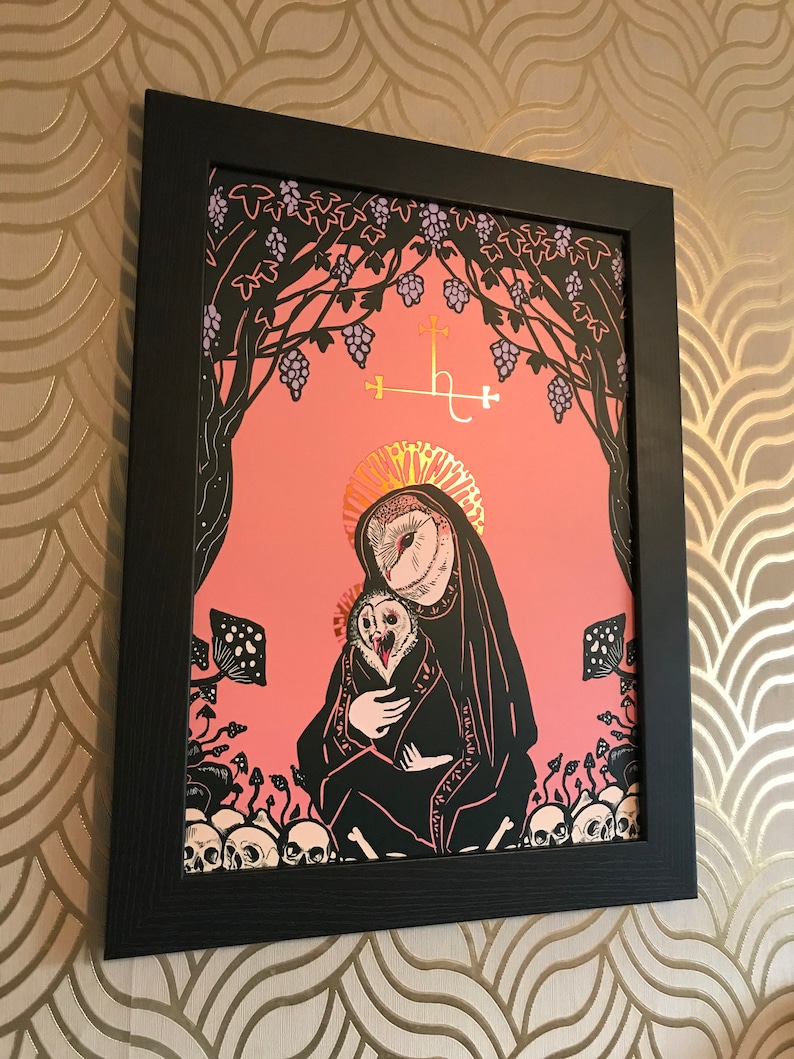 Memento Mori dark art Rose Gold Foiled Madonna and Child A3 art print Lilith barn owl horror art Deluxe occult decor gifts for goths