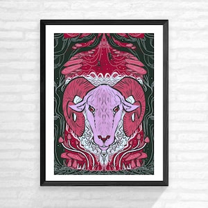 Aries A4 print (8.3x11.7 inches) gothic art print, surreal art, zodiac, mushrooms, spiders, horror poster, horned ram, pastel goth, occult