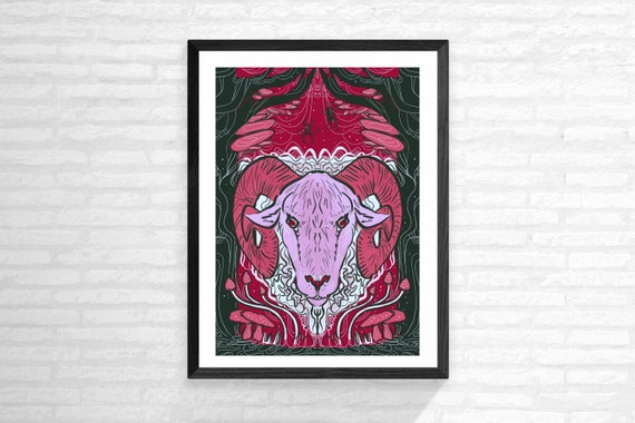 Aries A4 print (8.3x11.7 inches) gothic art print, surreal art, zodiac, mushrooms, spiders, horror poster, horned ram, pastel goth, occult