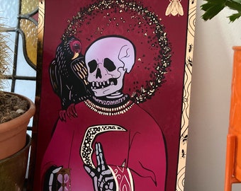 Rose Gold folierter 'Saint of Decay' A3 Kunstdruck - Deluxe okkulter Dekor, Geschenke für Goths, Horrorkunst, Memento Mori, Schädel, Skelett, makaber
