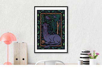 May include: A framed illustration of a purple creature with a horn, lying down in a forest setting. The creature is surrounded by green foliage, a skull, and an hourglass. Two birds are perched on a tree branch above the creature.