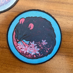 Sleepy rat- iron on patch 8x8cm circular- goth, rat lover gift, punk, occult, satanic, patches for jackets, plague, sow on, pastel goth