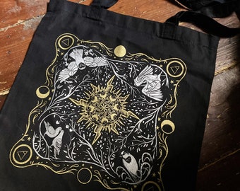 Occult Ornithology gold and silver screen printed tote bag- 100% cotton- bird lover gift- reusable shopper- gothic accessories, eco, birds