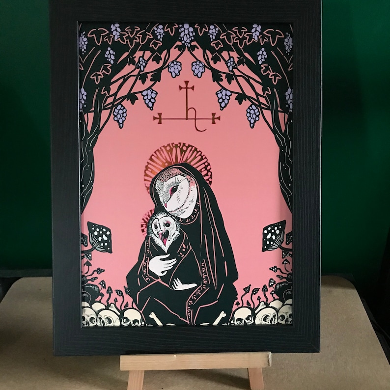 Memento Mori dark art Rose Gold Foiled Madonna and Child A3 art print Lilith barn owl horror art Deluxe occult decor gifts for goths
