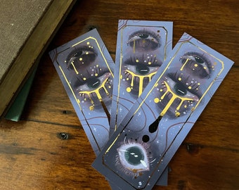 Deluxe gold foil Cosmic Eyes bookmark (148x 52cm) gold painted edges, gothic accessories, book lover gift, horror, pastel goth, occult art