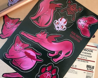 Demon kitties A6 vinyl sticker sheet- The Conjuring of Bael, Halloween stickers, pastel goth stationary, satanic, goetia, gothic, pastel