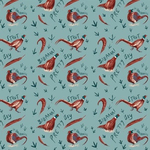 May include: A seamless pattern featuring a repeating design of colorful pheasants with text that reads "So Handsome", "Strut Boy", "Babaaki", and "Pretty Boy". The background is a light blue color.