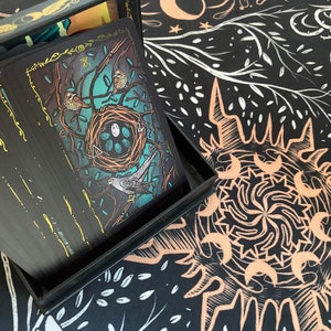 May include: A black box with a deck of cards inside. The cards have illustrations of birds and nests on a dark blue background. The box is open and the cards are fanned out. The box is sitting on a black and white patterned surface.
