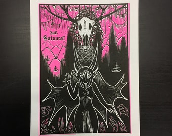 Limited edition Neon pink satanic risograph print occult riso halloween hail satan baphomet creepy leviathan cross deer skull gothic decor