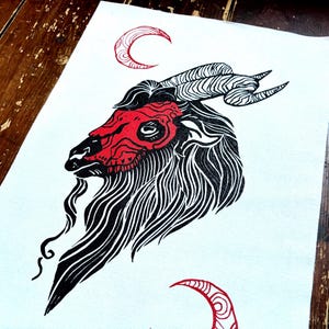 Blood moon Goat screen printed XL Back patch- Gothic accessories, occult, ram,  sow on, large, baphomet, horror battle jacket , goat gifts,