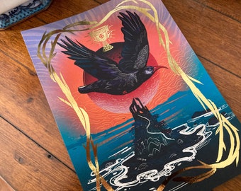 King Arthur’s Chough A4 art print (8.3x11.7 inches)with gold foiled accents- Arthurian legend, Cornish folklore, mythology, holy grail